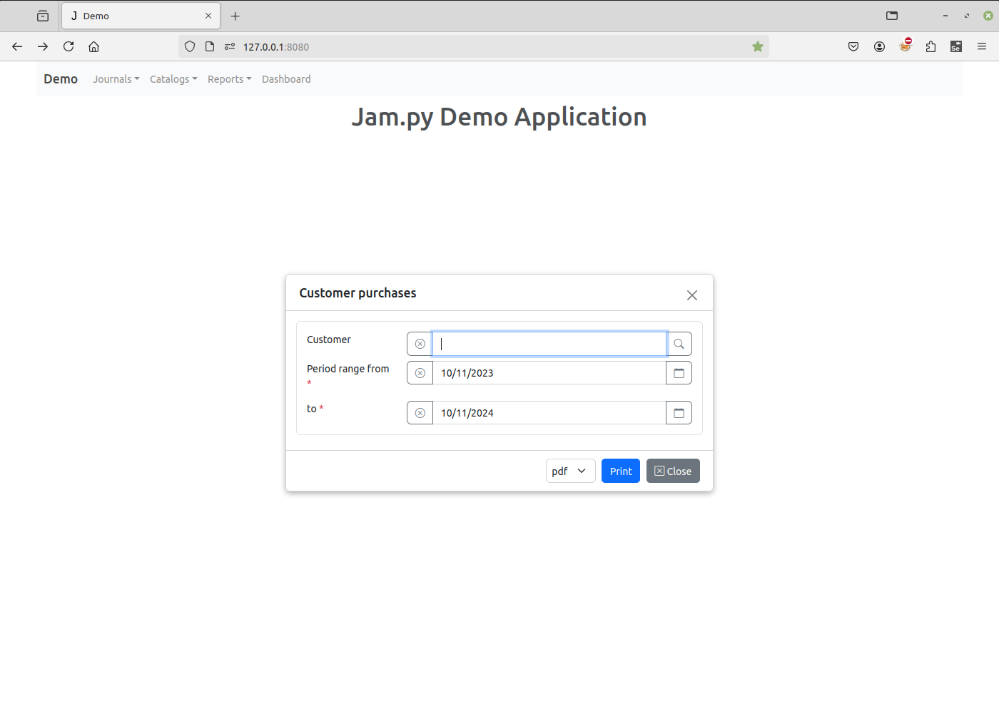Customer purchases parameters example