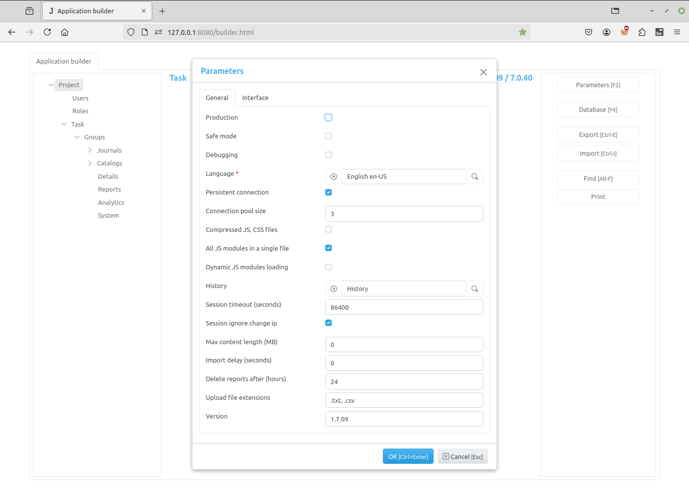 Project parameters dialog